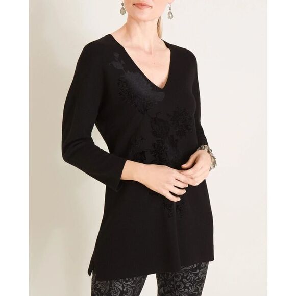 Chico's 2 Velvet-Applique Floral Sweater Large L Long Black V-Neck Tunic Top - Picture 5 of 9